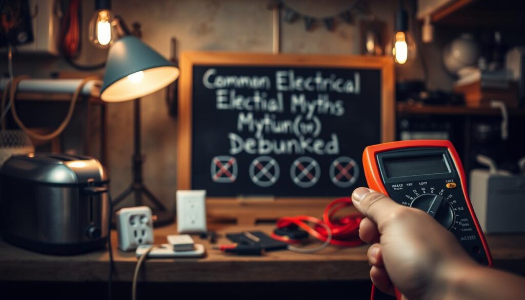 A dimly lit workshop scene with an array of common household electrical devices - a toaster, a lamp, an outlet, and an extension cord. In the foreground, a hand holding a multimeter, hinting at the technical nature of the subject. The middle ground features a chalkboard with the title "Common Electrical Myths Debunked" written on it, surrounded by crossed-out icons representing common electrical safety misconceptions. The background is slightly blurred, but suggests the warm glow of incandescent bulbs, creating an atmosphere of exploration and problem-solving. The overall composition conveys a sense of demystifying electrical safety through hands-on understanding.