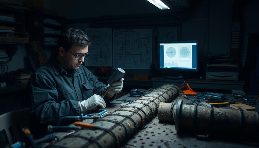 A dimly lit workshop, with an array of tools and instruments scattered across a workbench. In the foreground, a technician meticulously examines a section of aging infrastructure, using a variety of non-destructive testing methods to assess its condition. Soft ambient lighting illuminates the scene, casting subtle shadows that highlight the intricate details of the materials under inspection. In the background, technical diagrams and reference materials are displayed on a computer screen, providing crucial data to support the assessment process. The atmosphere conveys a sense of careful analysis and the importance of thorough infrastructure evaluation.