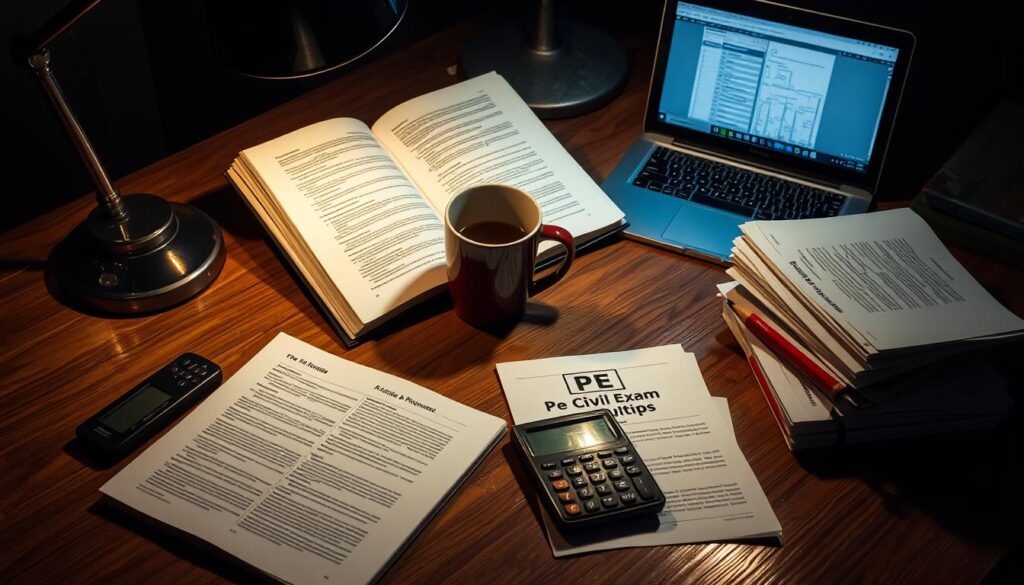 A dimly lit workspace with an open textbook, a laptop, and a mug of coffee on a wooden desk. A PE civil exam preparation guide and a calculator lie next to stacks of notes and practice problems. A focused engineer, their face obscured, intently studies the material under the warm glow of a desk lamp. The scene evokes a sense of determination and diligence, with the textured surfaces and muted tones creating an atmosphere of quiet concentration. The camera angle is slightly elevated, capturing the scene from a thoughtful, contemplative perspective.
