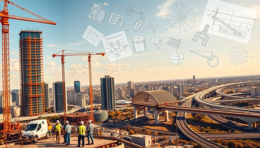 A diverse array of civil engineering career opportunities unfolds in a dynamic cityscape. In the foreground, a team of engineers inspect the construction of a towering skyscraper, surrounded by cranes and scaffolding. In the middle ground, a bridge project is underway, with engineers overseeing the meticulous placement of steel girders. In the background, a network of highways and railways weaves through the urban landscape, hinting at the vast infrastructure projects that civil engineers design and manage. The scene is illuminated by warm, golden light, conveying a sense of progress and accomplishment. Detailed technical diagrams and blueprints hover in the air, reflecting the analytical and problem-solving skills required in the field of civil engineering.