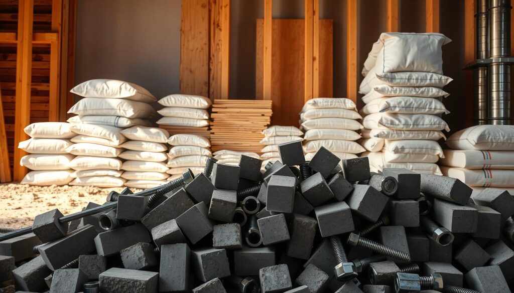 A diverse array of construction materials, meticulously arranged against a softly lit backdrop. In the foreground, a pile of smooth, gray concrete blocks, their rough textures juxtaposed with the gleaming steel rods and heavy-duty bolts scattered nearby. In the middle ground, stacks of sturdy plywood panels and crisp, white cement bags stand in orderly rows, hinting at the structural integrity they provide. The background features a subtle gradient, creating a sense of depth and emphasizing the varied materials - from the warm, earthy tones of wooden beams to the cool, industrial sheen of metal pipes. Warm, directional lighting casts gentle shadows, highlighting the practical yet visually appealing nature of these essential building components.