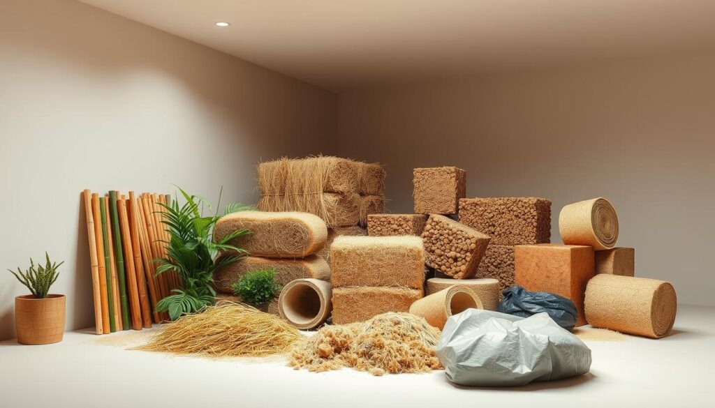 A diverse array of eco-friendly building materials, including bamboo, straw bales, rammed earth, and recycled plastic, are arranged in a well-lit, minimalist studio setting. The materials are presented in a visually compelling manner, highlighting their unique textures, colors, and sustainable properties. The lighting is soft and diffused, creating a warm, inviting atmosphere that showcases the natural beauty and versatility of these sustainable building solutions. The camera angle is slightly elevated, providing a comprehensive view of the materials and their potential applications in modern, environmentally-conscious construction projects.