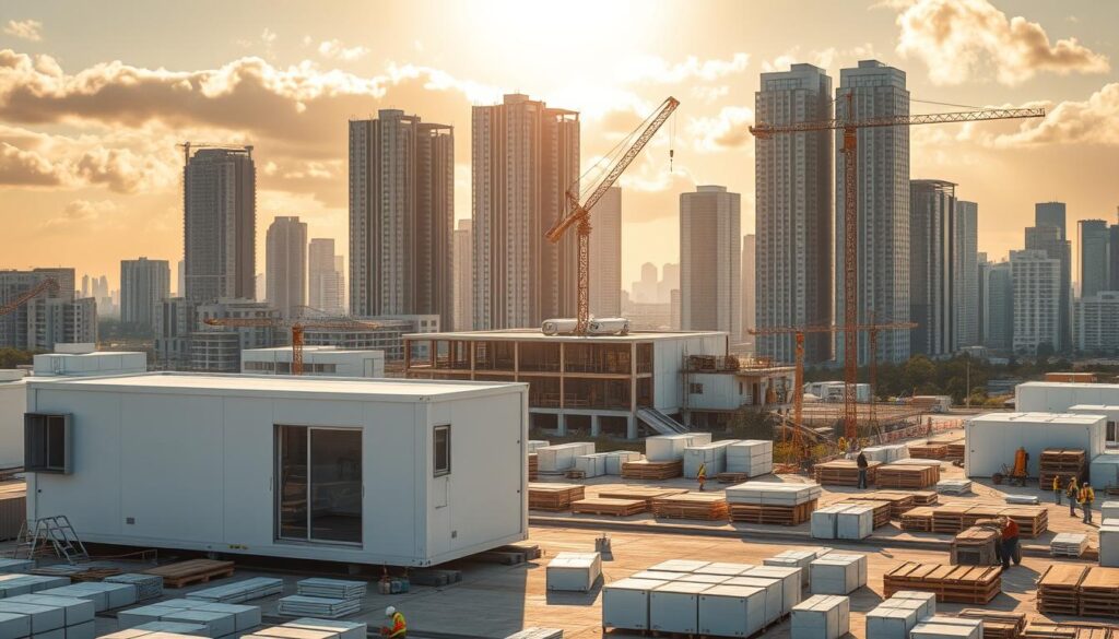 A diverse array of prefab building methods in a sleek, modern architectural scene. In the foreground, a modular prefabricated structure with clean lines and a minimalist aesthetic, surrounded by a neatly arranged array of prefab components. In the middle ground, larger prefab modules being assembled on-site, with construction workers using specialized equipment. The background features a cityscape of towering prefab high-rises, bathed in warm, golden sunlight filtering through wispy clouds. The overall mood is one of efficiency, innovation, and the future of sustainable construction.