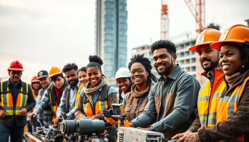 A diverse construction workforce bustles with activity, showcasing skilled individuals from various backgrounds working in harmony. In the foreground, a team of diverse workers collaborate on a building site, their faces expressing determination and pride. In the middle ground, a mix of genders and ethnicities operate heavy machinery, their movements precise and efficient. The background features a towering skyscraper, its modern design representing the future of sustainable construction. Soft, warm lighting illuminates the scene, creating a sense of unity and progress. The atmosphere exudes a spirit of inclusion, innovation, and a commitment to building a better world.