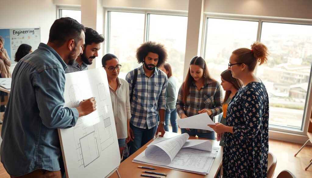 A diverse group of people collaborating on an engineering project in a well-lit, airy community space. In the foreground, a team of men and women sketch designs on a large whiteboard, gesturing animatedly. In the middle ground, others gather around a table, examining blueprints and discussing plans. The background features windows overlooking a vibrant urban landscape, casting a warm, natural light across the scene. An atmosphere of shared purpose, enthusiasm, and community involvement permeates the space, highlighting the importance of local engagement in driving meaningful engineering solutions.