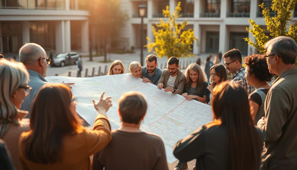 A diverse group of people gathered around a large, detailed city planning map, engaged in animated discussion. The scene is bathed in warm, golden light, creating a sense of collaboration and community. In the foreground, a mix of residents, civic leaders, and technical experts point, gesture, and examine the map, representing different perspectives and stakeholders. In the middle ground, people take notes, nod in agreement, and raise their hands, actively participating in the planning process. The background features a modern, well-lit public space, with architectural elements and natural elements like trees, suggesting an urban setting conducive to public engagement. The overall atmosphere conveys a spirit of inclusive, transparent, and empowered community involvement in infrastructure development.