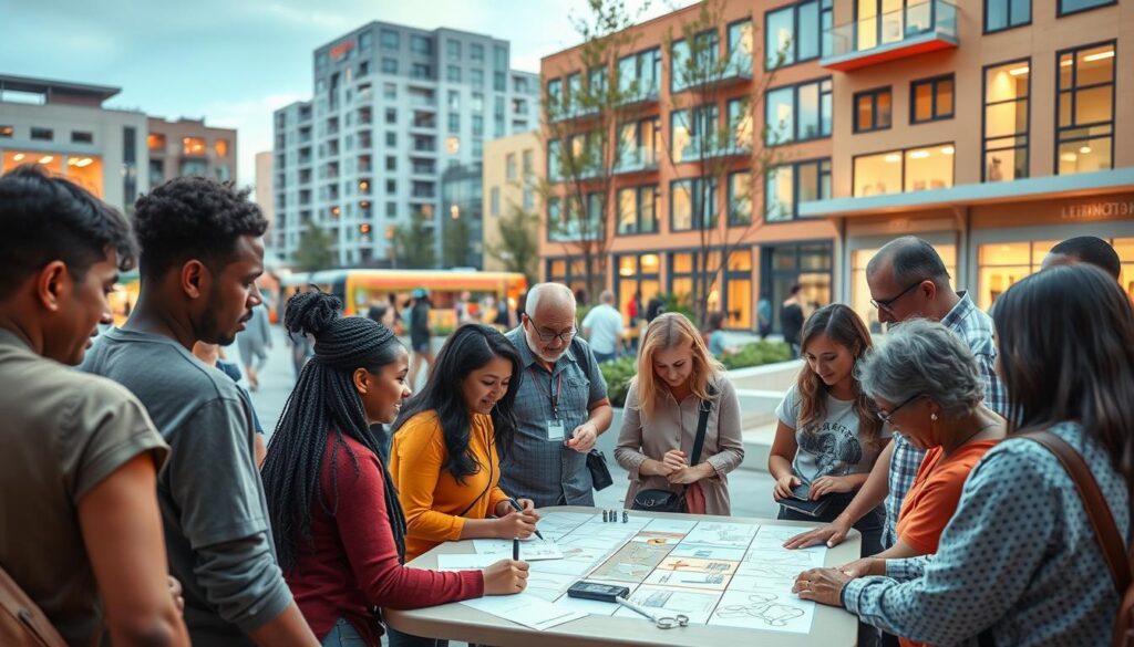 A diverse group of people gathered in a vibrant public plaza, engaged in animated discussions and collaborative activities. In the foreground, a mix of community members - young and old, from different backgrounds - gather around a table, sketching ideas and sharing thoughts. The middle ground features an interactive display or model, with residents actively participating and contributing their input. In the background, a modern transit hub and mixed-use buildings create a sense of place, highlighting the integration of transit-oriented development and community engagement. Soft, diffused lighting and a warm, inviting atmosphere convey the spirit of collaboration and shared ownership of the project.