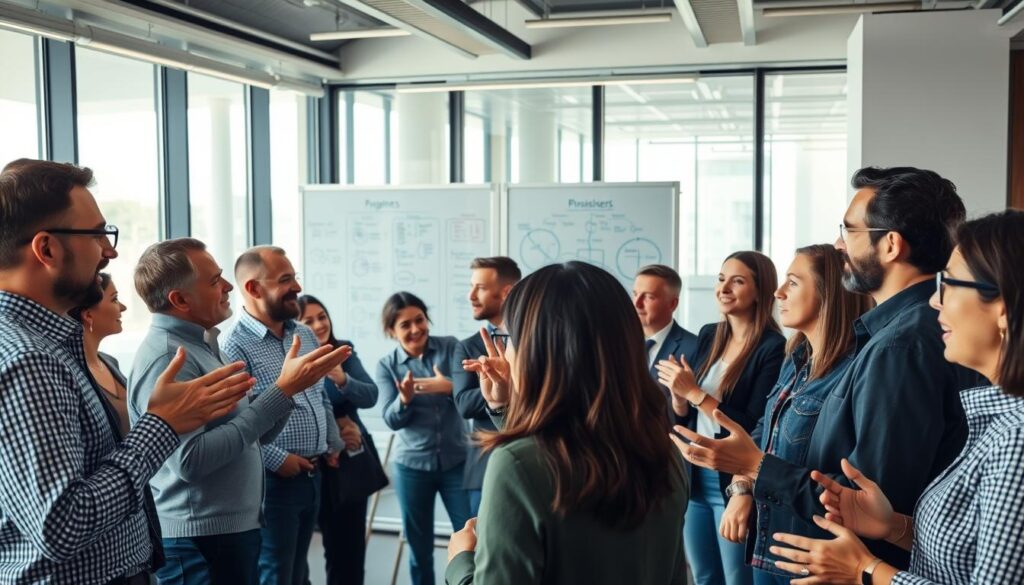 A diverse group of professionals engaged in a lively discussion, surrounded by a sleek, modern office environment. The foreground features a team of engineers, business leaders, and subject matter experts gesturing animatedly, their faces conveying a sense of collaboration and problem-solving. The middle ground showcases a large, interactive whiteboard displaying diagrams and brainstormed ideas. In the background, floor-to-ceiling windows flood the space with natural light, creating an airy, inspiring atmosphere. The lighting is soft and even, with subtle shadows highlighting the participants' expressions and body language. The camera angle is slightly elevated, capturing the dynamic energy of the scene.