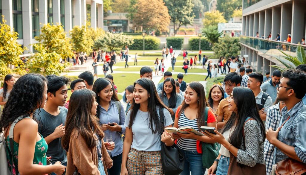 A diverse group of students from various cultural backgrounds, interacting and engaging in lively discussions on a vibrant college campus. The foreground features a mix of international students of different ethnicities, ages, and genders, animatedly conversing and exchanging ideas. The middle ground showcases modern architecture and lush greenery, creating a welcoming and inclusive atmosphere. The background is filled with a bustling campus life, with students moving between classes, enjoying outdoor activities, and studying together. Warm, natural lighting bathes the scene, highlighting the sense of community and intellectual exchange. The overall mood is one of cultural richness, academic vibrancy, and global connectivity.