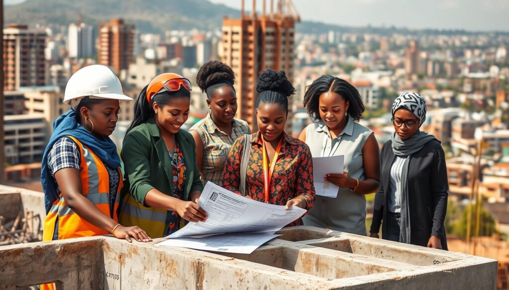 A diverse group of women civil engineers diligently working on a construction site in Kenya. In the foreground, they meticulously inspect blueprints and oversee the installation of reinforced concrete structures. The middle ground depicts them collaborating with their male counterparts, showcasing their expertise and leadership. In the background, the bustling urban landscape of a Kenyan city serves as a vibrant backdrop, highlighting the transformative impact of their work. The scene is illuminated by warm, natural lighting, conveying a sense of pride, determination, and the promising future of women in the field of civil engineering in Kenya.