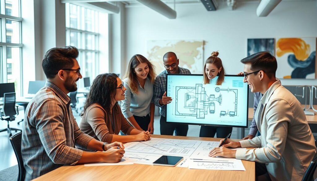 A diverse team of engineers collaborating in a well-lit, modern office environment. In the foreground, a group of engineers from different backgrounds and ethnicities engaged in a lively discussion around a conference table, their faces animated with ideas and enthusiasm. In the middle ground, engineers of various genders working together on a complex engineering diagram projected on a large screen, their expressions focused and collaborative. In the background, an open-concept workspace with ergonomic desks, natural lighting from large windows, and abstract art on the walls, conveying a sense of creativity and inclusivity.
