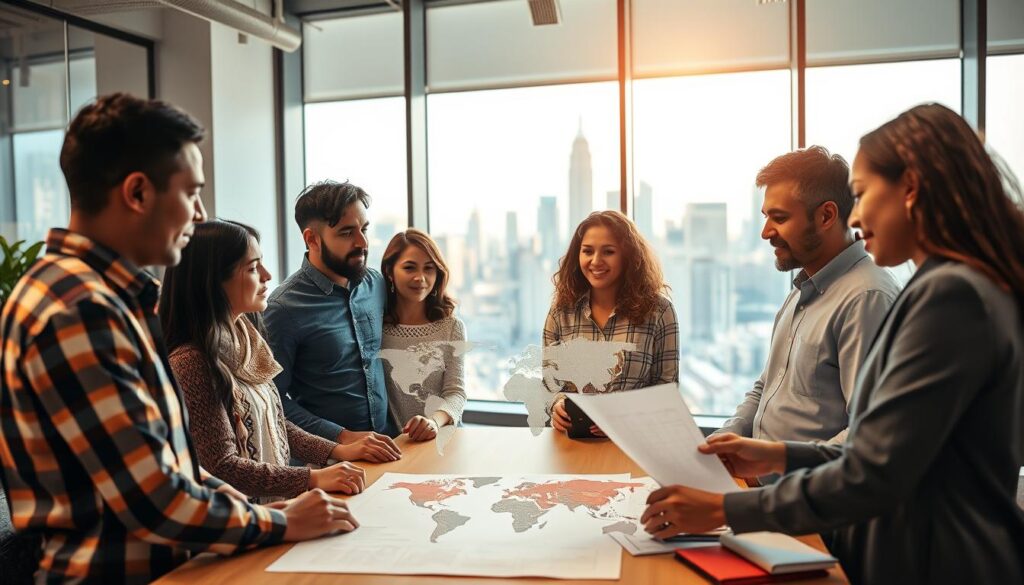 A diverse team of engineers collaborating in a well-lit, modern office space. In the foreground, they discuss design plans while considering cultural perspectives. The middle ground shows a global map and icons representing different cultures. In the background, a large window overlooking a bustling city skyline, reflecting the international nature of their work. Warm lighting creates a sense of unity and understanding as they navigate the complexities of designing for diverse communities.
