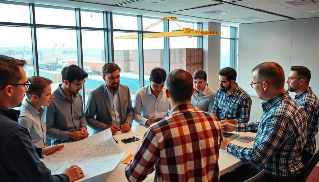A diverse team of intermodal transport engineers collaborating in a modern, well-equipped training facility. In the foreground, engineers study technical diagrams and schematic models of intermodal freight systems. In the middle ground, a group participates in a hands-on simulation exercise, fine-tuning their skills in logistics optimization. The background features large windows overlooking a bustling intermodal terminal, where cranes and trucks move containers seamlessly. Warm, focused lighting creates an atmosphere of productive learning and professional development.