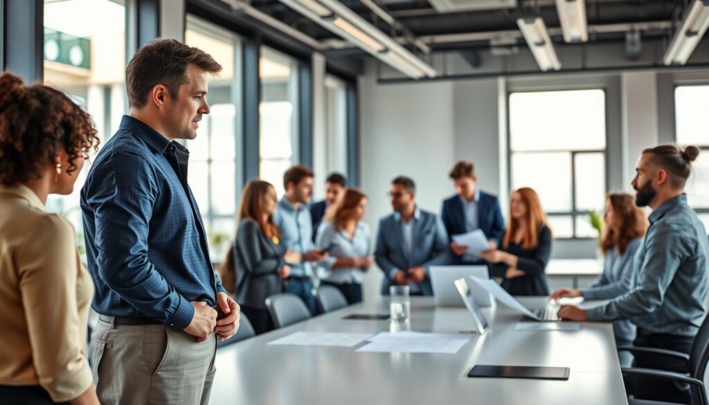 A diverse team of professionals collaborating in a well-lit, modern office space. In the foreground, a project manager standing at the head of a table, guiding the discussion with a calm, authoritative presence. In the middle ground, team members of various backgrounds engaged in animated discussions, exchanging ideas and brainstorming solutions. The background features sleek, minimalist decor with large windows that let in natural light, creating an atmosphere of productivity and innovation. The overall mood is one of focused energy, with a hint of camaraderie and shared purpose.
