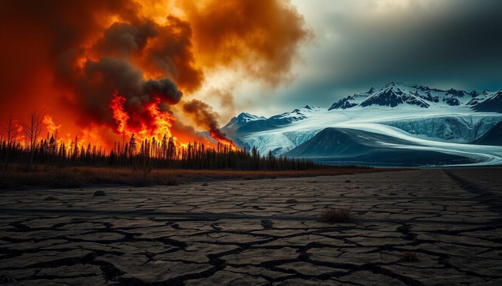 A dramatic landscape depicting the impact of climate change. In the foreground, a barren, cracked earth with withered vegetation. In the middle ground, a raging wildfire engulfs a forest, thick smoke billowing into the sky. In the background, a once-majestic glacier has retreated, leaving behind a desolate, rocky landscape. The scene is illuminated by a warm, ominous light, casting an eerie glow over the devastation. The overall tone evokes a sense of urgency and the urgent need for action to address the consequences of global warming.