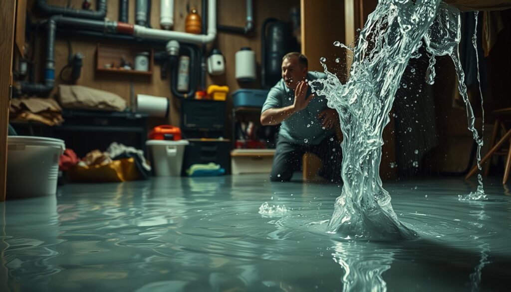 A dramatic scene of a burst pipe spewing water, causing a household flooding emergency. In the foreground, a panicked homeowner rushes to shut off the main valve, their hands covered in water. In the middle ground, the floor is submerged, with household items floating. The background depicts a cluttered utility room, with exposed pipes, a toolbox, and other plumbing supplies. Dramatic lighting casts long shadows, conveying a sense of urgency and chaos. The overall atmosphere is one of a sudden, unexpected crisis that demands immediate attention and action.