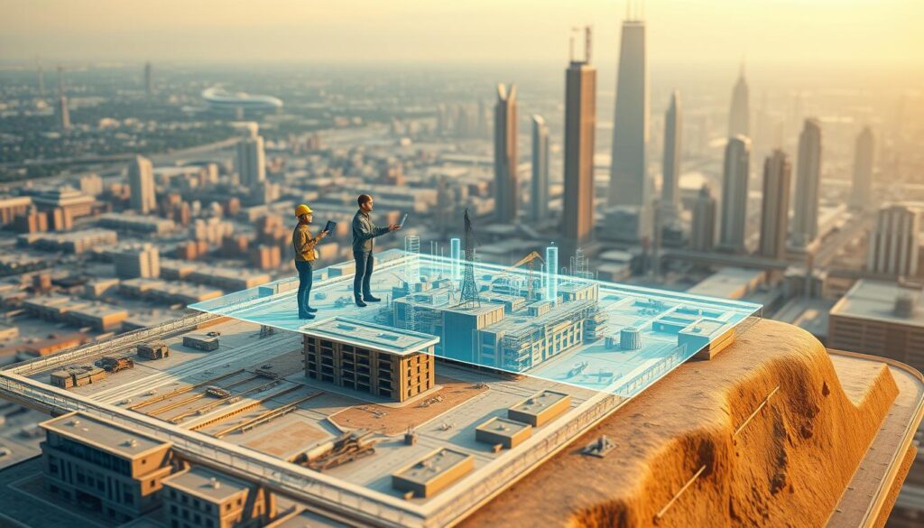 A dynamic 3D rendering of a civil engineering project, showcasing the power of AI-driven visualization. In the foreground, a detailed BIM model of a construction site, meticulously rendered with high-resolution textures and realistic lighting. In the middle ground, a team of engineers collaborating around a holographic projection, manipulating the model in real-time with gesture-based controls. In the background, a futuristic cityscape with towering skyscrapers and modern infrastructure, all rendered with a cinematic depth of field and a warm, atmospheric color palette. The scene conveys the seamless integration of AI-powered tools into the civil engineering workflow, enabling more efficient planning, decision-making, and project management.
