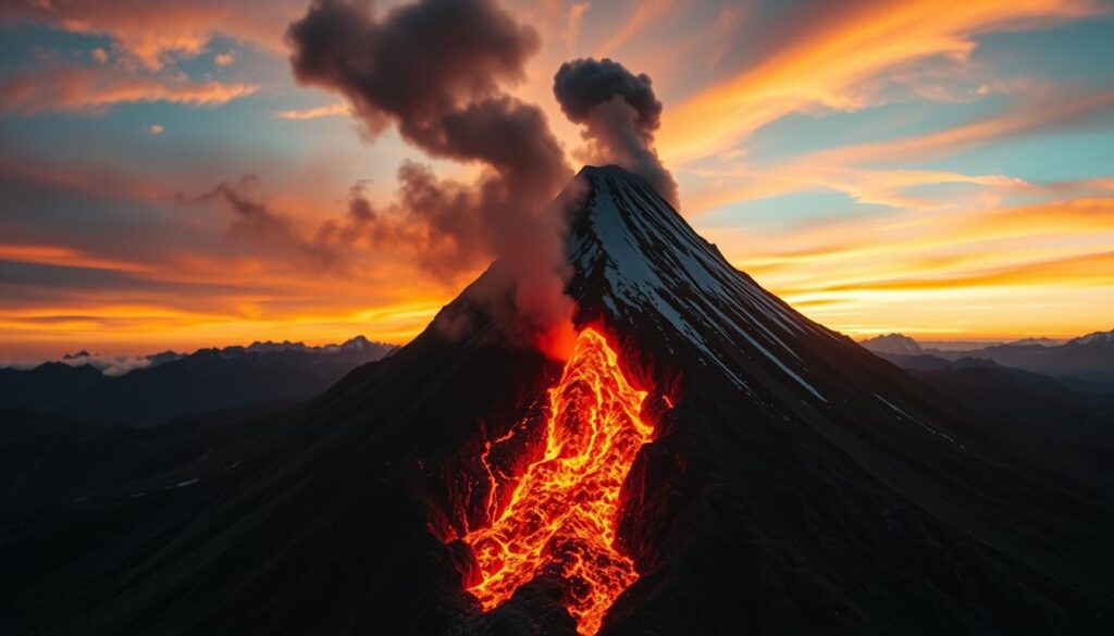 A dynamic DIY volcano eruption, featuring a majestic, snow-capped mountain peak against a vibrant, sunset-kissed sky. In the foreground, a bubbling, molten lava flow cascades down the mountainside, casting an amber glow across the rugged, rocky terrain. Wisps of billowing, ash-gray smoke curl upwards, adding depth and realism to the scene. Dramatic lighting, with warm, golden hues illuminating the eruption and cool, blue shadows in the background, creates a captivating, almost cinematic atmosphere. Captured with a wide-angle lens to showcase the scale and grandeur of this impressive, homemade STEM project.