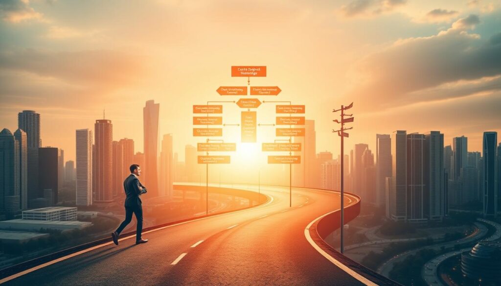 A dynamic career progression visualization showcasing the various paths and milestones for a project manager. In the foreground, a confident professional navigates a winding road, encountering signposts representing different managerial roles and responsibilities. The middle ground features a towering organizational chart, illustrating the interconnected management hierarchy. In the background, a cityscape of modern high-rises symbolizes the thriving corporate landscape, bathed in a warm, golden light that creates an aspirational atmosphere. The overall composition conveys a sense of direction, growth, and the multifaceted nature of a project manager's career journey.