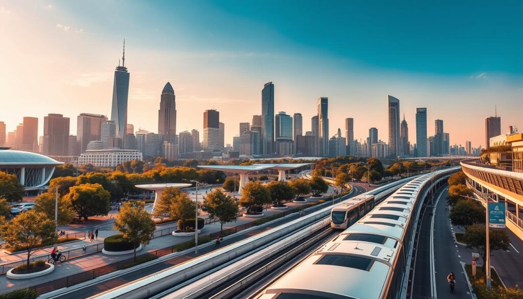 A dynamic city skyline, bathed in warm, golden light. In the foreground, sleek electric vehicles glide effortlessly along futuristic, elevated monorail tracks. Autonomous shuttles seamlessly navigate the bustling streets, while pedestrians and cyclists traverse chic, tree-lined promenades. The middle ground showcases a network of smart mobility hubs, where commuters effortlessly transfer between modes of transport - from e-bikes to high-speed rail. In the background, towering skyscrapers and gleaming tech campuses reflect the cutting-edge innovation that powers this urban utopia. The scene conveys a harmonious, sustainable vision of the city of tomorrow, where technology enhances rather than dominates the human experience.