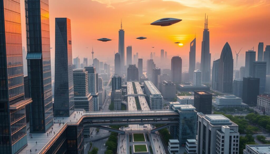 A dynamic city skyline of the future, where gleaming skyscrapers and futuristic transportation systems coexist in a seamless harmony. In the foreground, a sprawling metropolis with towering glass-and-steel structures, their facades reflecting the warm glow of the setting sun. Hovering above the streets, sleek autonomous vehicles glide effortlessly, while pedestrians and cyclists navigate through the bustling urban landscape. In the middle ground, a network of elevated walkways and greenways connects the buildings, promoting sustainable living. The background is dotted with verdant parks and lush public spaces, where citizens gather and interact. Overhead, a sky tinted with hues of orange and purple, creating an awe-inspiring atmosphere of technological innovation and environmental consciousness.