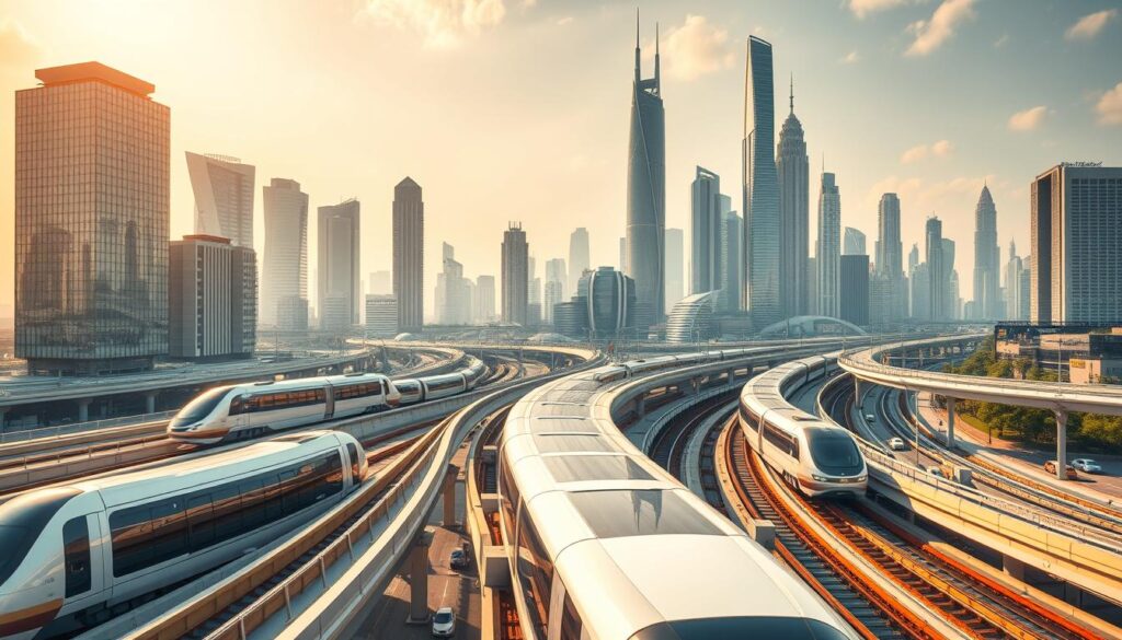 A dynamic cityscape depicting the future of transportation infrastructure finance. In the foreground, sleek monorails and autonomous vehicles seamlessly navigate a network of elevated highways and intermodal hubs. The middle ground showcases state-of-the-art public transit systems, with high-speed rail lines and cutting-edge urban mobility solutions. The background features towering skyscrapers and futuristic architectural designs, reflecting the integration of technology and sustainable development. Warm, golden lighting illuminates the scene, creating a sense of optimism and progress. The composition emphasizes the interconnectedness of transportation, finance, and urban innovation, showcasing a vision for the next generation of infrastructure investment and development.
