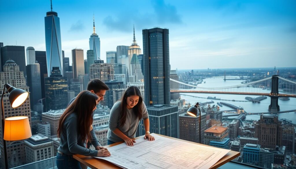 A dynamic cityscape of New York City, with the iconic skyscrapers of Manhattan as the backdrop. In the foreground, a group of engineering interns gather around a drafting table, collaborating on a detailed architectural plan. Subtle lighting from floor lamps casts a warm glow, highlighting their concentration and the tangible energy of the workspace. The middle ground features a panoramic view of the East River, with the Brooklyn Bridge in the distance. The overall scene conveys a sense of ambition, innovation, and the boundless potential of the next generation of civil engineers in this vibrant urban setting.