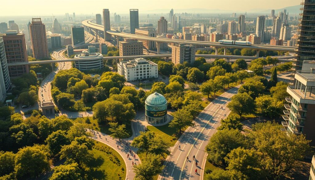A dynamic cityscape of climate-resilient urban planning, bathed in a warm, golden glow. In the foreground, a network of pedestrian walkways and bike lanes weave through lush, verdant greenspaces, with towering, energy-efficient buildings in the middle ground. In the background, sustainable transportation infrastructure - elevated light rail, electric vehicle charging stations, and efficient public transit - blend seamlessly into the urban landscape. The scene conveys a sense of harmony between human activity and the natural environment, with innovative design choices that mitigate the effects of climate change. Crisp, cinematic lighting from a high angle highlights the architectural details and technological integrations that enable this vision of a climate-resilient future city.