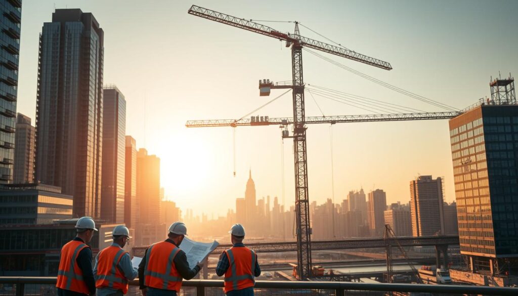 A dynamic cityscape reflecting America's engineering prowess, with towering skyscrapers, intricate bridge structures, and bustling construction sites. In the foreground, a team of engineers in hard hats and high-visibility vests, examining blueprints and collaborating on a project. The middle ground features a state-of-the-art construction crane, casting long shadows as it hoists heavy materials. In the background, a panoramic view of the city skyline, illuminated by warm, golden lighting that conveys a sense of progress and innovation. The scene exudes a palpable energy, showcasing the technical expertise and collaborative spirit that drives successful engineering projects in the United States.