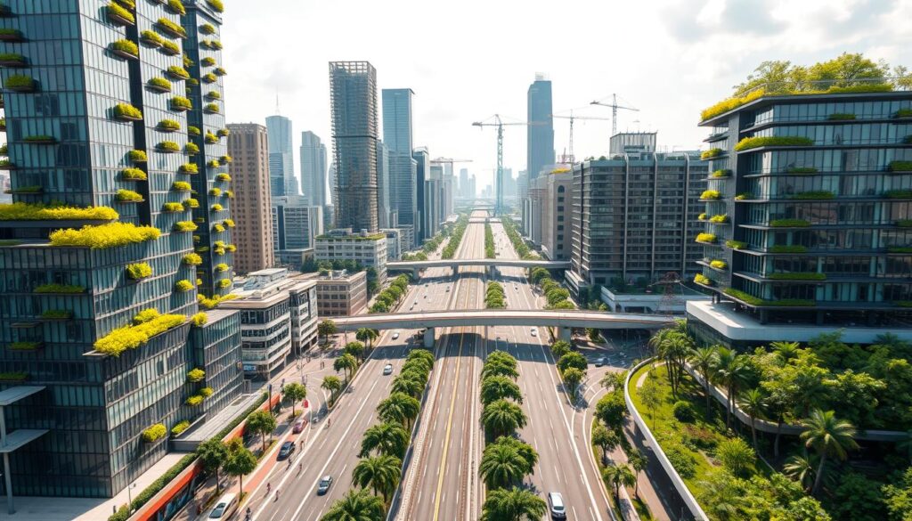 A dynamic cityscape showcasing climate-resilient infrastructure. In the foreground, towering eco-skyscrapers with verdant green roofs and facades covered in solar panels. In the middle ground, electric public transit systems, bike lanes, and pedestrian-friendly walkways. In the background, a network of sustainable energy grids, water management systems, and urban greenspaces. Bright, diffused lighting illuminates the scene, casting a hopeful, forward-looking atmosphere. Shot from a low angle, capturing the scale and integration of these innovative, eco-friendly designs that aim to create a more sustainable, livable future.