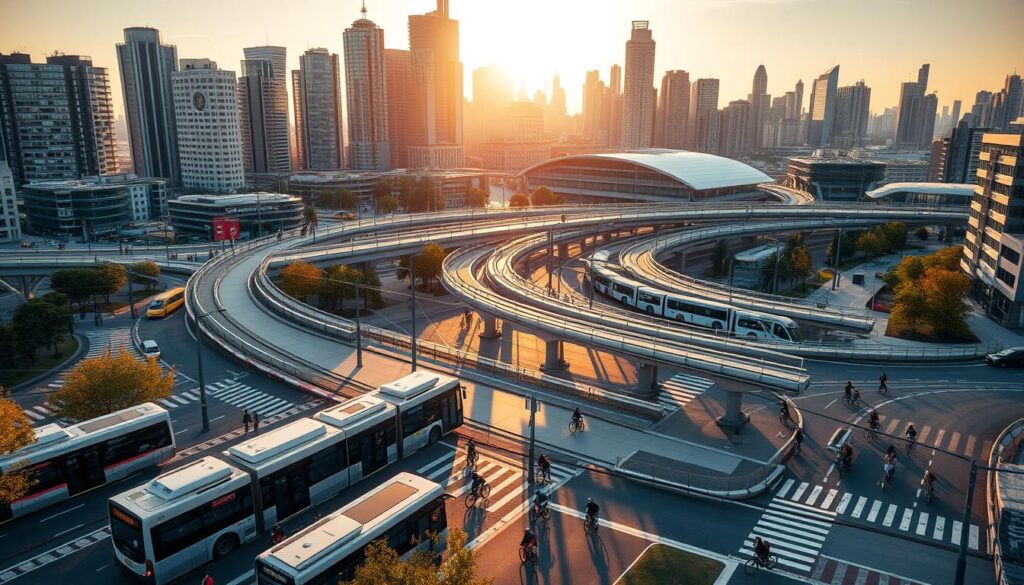 A dynamic cityscape showcasing the intricacies of transportation planning. In the foreground, a network of sleek, energy-efficient electric buses navigates through bustling intersections, while cyclists weave between them on dedicated bike lanes. The middle ground features a sprawling transit hub, with commuters seamlessly transitioning between modes - trains, trams, and ride-sharing services. In the background, a modern skyline of high-rise buildings is illuminated by warm, golden sunlight, casting long shadows that intertwine with the infrastructure. The scene conveys a sense of harmonious integration, where multimodal transportation solutions coexist to create a sustainable, efficient, and accessible urban landscape.