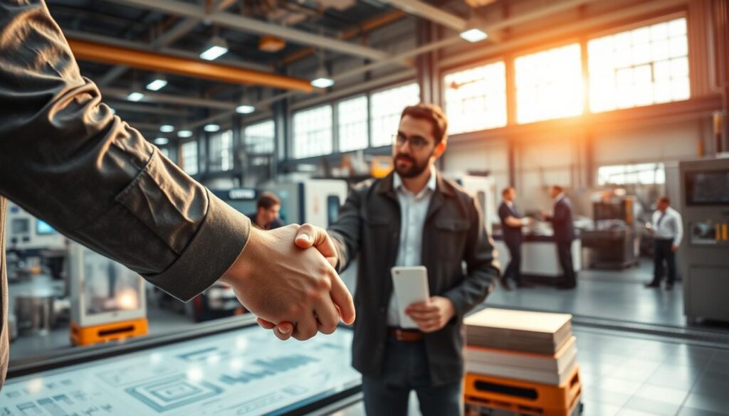 A dynamic collaboration between industry partners, showcased in a vibrant, well-lit scene. In the foreground, a handshake between two executives, conveying a spirit of cooperation and mutual understanding. The middle ground features engineers and designers working together, discussing plans and sketching ideas on a large interactive display. In the background, a bustling production floor, where the fruits of their collaboration are brought to life through state-of-the-art machinery and skilled technicians. The overall atmosphere is one of innovation, productivity, and a shared commitment to pushing the boundaries of what's possible in the engineering realm.