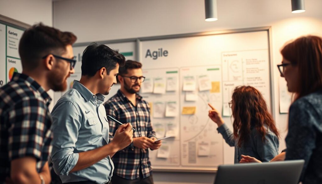 A dynamic composition showcasing the principles of Agile methodologies. In the foreground, a team of developers collaborating intensely around a whiteboard, gesturing and sketching ideas. In the middle ground, Kanban boards and Scrum artifacts adorn the walls, reflecting the iterative, incremental nature of their work. The background is bathed in a soft, warm lighting, evoking a sense of focus and productivity. The overall scene captures the adaptive, collaborative, and responsive spirit of Agile project management, perfectly suited to illustrate the influence of these methodologies on boosting productivity.