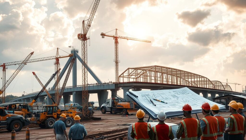 A dynamic construction site bustling with activity, heavy machinery like cranes, excavators, and bulldozers operating in the foreground, surrounded by workers in hard hats. In the middle ground, blueprints and engineering plans are meticulously laid out on a table, with a team of engineers and architects discussing the project. In the background, a partially constructed bridge or road structure, illuminated by warm, golden sunlight filtering through clouds. The scene conveys a sense of progress, innovation, and the collaborative nature of public works engineering.