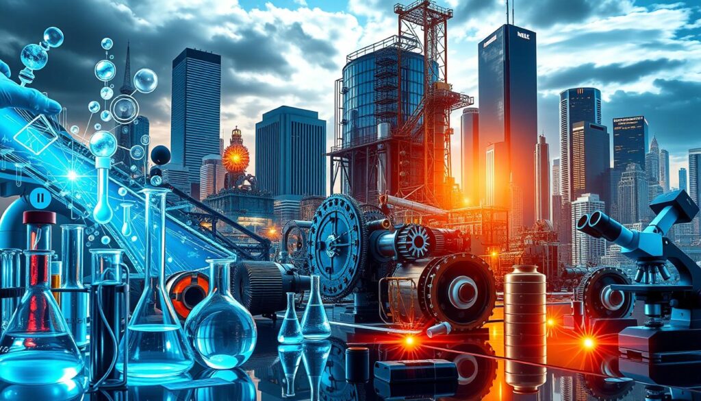 A dynamic, cutting-edge composition showcasing the four pillars of STEM - Science, Technology, Engineering, and Mathematics. In the foreground, scientific beakers, test tubes, and microscopes juxtapose with futuristic holographic displays and circuit boards. The midground features large-scale industrial machinery, gears, and mechanisms, while in the background, soaring skyscrapers and gleaming cityscapes suggest the far-reaching impact of STEM disciplines. Dramatic lighting casts sharp shadows, lending an air of discovery and innovation. The overall atmosphere conveys the synergy, creativity, and boundless potential that define the STEM fields.