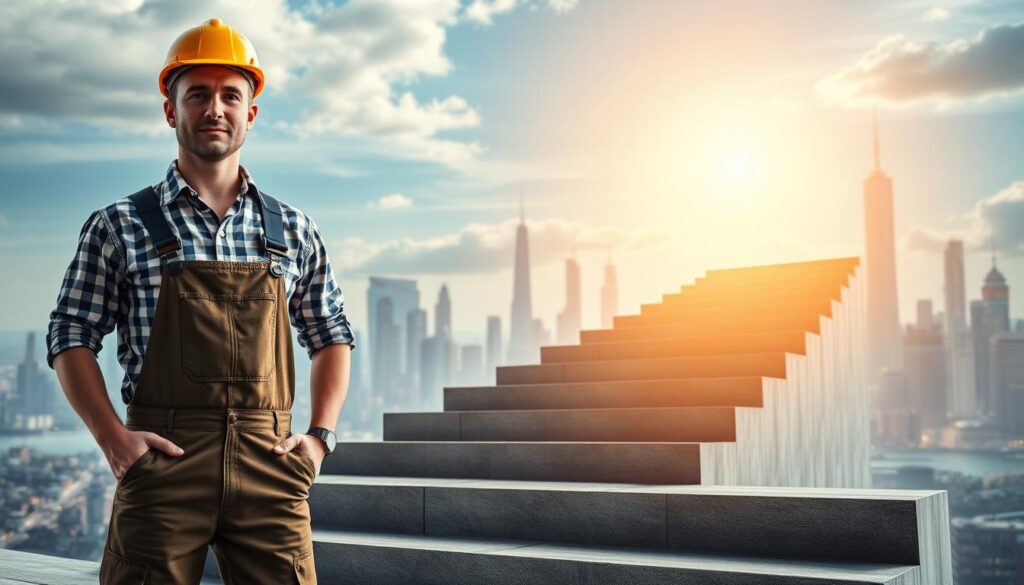 A dynamic, forward-looking scene depicting an engineer's career progression. In the foreground, a skilled engineer stands confidently, donning a hardhat and overalls, symbolizing technical expertise. The middle ground features a series of ascending steps, each representing a career milestone - from entry-level roles to senior management positions. The background showcases a futuristic city skyline, hinting at the boundless possibilities and growth opportunities within the engineering field. Warm, directional lighting illuminates the scene, casting a sense of optimism and ambition. The overall composition conveys the endless potential for advancement and the rewarding journey of an engineering career.
