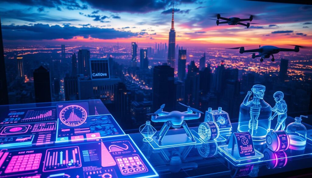 A dynamic, futuristic scene showcasing essential STEM skills for 21st century success. In the foreground, glowing holographic displays depict intricate data visualizations, algorithms, and robotic schematics. The middle ground features life-sized 3D-printed models of scientific instruments and engineering prototypes, subtly illuminated. In the background, a vast, technological landscape unfolds, with towering skyscrapers, hovering drones, and a vibrant, neon-tinged skyline. Dramatic cinematic lighting casts dramatic shadows, creating a sense of depth and drama. The overall atmosphere is one of innovation, exploration, and boundless potential.