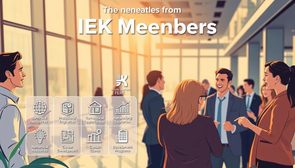 A dynamic, informative illustration showcasing the key benefits of IEK membership. In the foreground, a group of professional engineers engaged in lively discussions, exchanging knowledge and ideas. In the middle ground, a detailed icon grid highlighting membership perks such as technical resources, networking opportunities, and career development programs. The background features a sleek, modern office setting with floor-to-ceiling windows, bathed in warm, natural lighting. The overall atmosphere conveys a sense of professional growth, community, and the value IEK membership brings to its members.