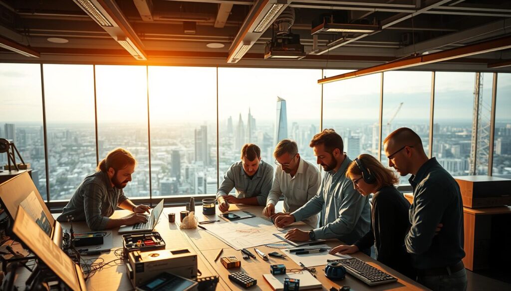 A dynamic intersection of diverse disciplines, showcasing the convergence of engineering specialties. In the foreground, a team of engineers from various backgrounds collaborates on a complex project, sketches and schematics adorning the workspace. In the middle ground, 3D-printed prototypes and cutting-edge equipment illustrate the multifaceted nature of their work. The background features a panoramic view of a modern, tech-driven city, symbolizing the far-reaching impact of interdisciplinary engineering. Warm lighting casts a contemplative glow, while the composition emphasizes the collaborative spirit and synergistic potential of this interdisciplinary approach.