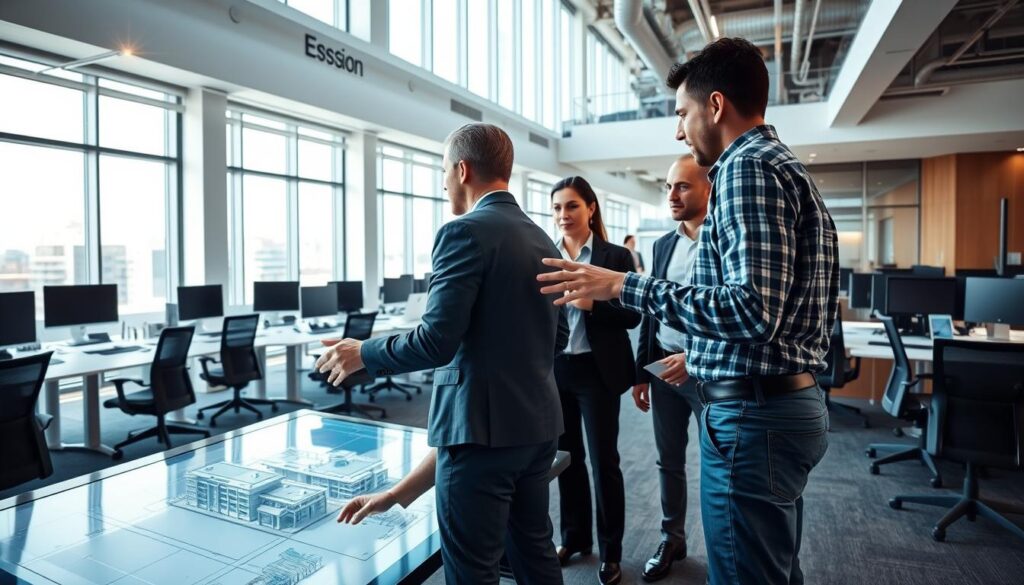 A dynamic office setting with teams of civil engineers collaborating on a BIM (Building Information Modeling) project. In the foreground, colleagues gather around a large touchscreen display, gesturing and discussing intricate 3D building models. The middle ground showcases an open-plan workspace with desks, ergonomic chairs, and high-tech workstations. In the background, floor-to-ceiling windows allow natural light to flood the space, creating a bright and collaborative atmosphere. The scene is captured with a wide-angle lens, conveying a sense of energy and productive synergy among the engineers as they leverage BIM technology to enhance their workflow.