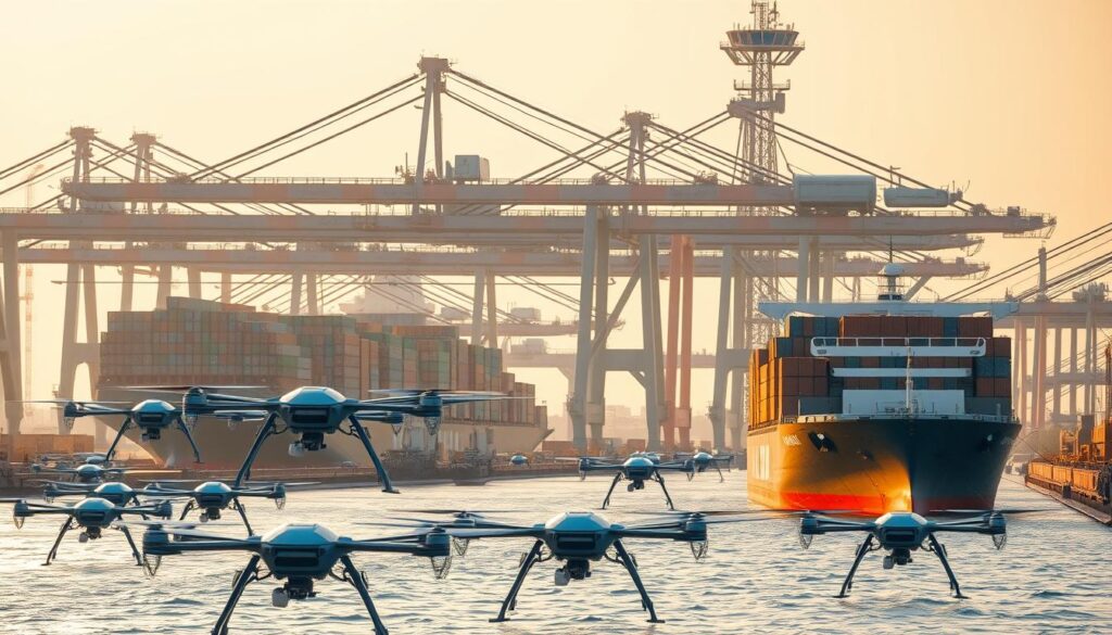 A dynamic port scene with cutting-edge engineering innovations. In the foreground, a fleet of autonomous drones and robotics systems efficiently loading and unloading cargo from massive container ships. In the middle ground, a state-of-the-art, green-energy powered gantry crane seamlessly lifts and transports containers. In the background, a towering, futuristic port control tower with advanced sensor arrays and AI-driven traffic management systems. The scene is bathed in a warm, golden hour lighting, evoking a sense of progress and technological prowess. The atmosphere is one of a bustling, high-tech maritime hub, poised to shape the future of global logistics.