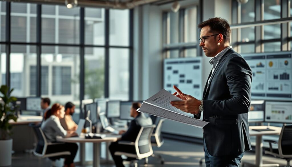 A dynamic project manager overseeing various tasks, standing in a modern office setting with large windows, illuminated by natural light. In the foreground, the manager reviews documents and spreadsheets, gesturing with determination. In the middle ground, team members collaborate at workstations, discussing plans and progress. The background features a sleek, minimalist decor with subtle organizational charts and project timelines displayed on monitors. The atmosphere conveys a sense of focused productivity, clear communication, and efficient project management.