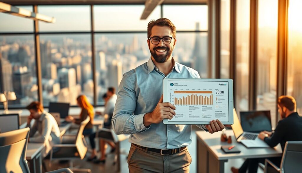 A dynamic project manager standing in a modern office, surrounded by a team of professionals engaged in various tasks. The manager's pose conveys authority and focus, with a tablet in hand displaying detailed project timelines and milestones. In the middle ground, team members collaborate at desks, while the background showcases a panoramic city skyline visible through large windows, bathed in warm, natural lighting. The atmosphere is one of productive synergy, with the project manager's responsibilities clearly reflected in the organized, task-oriented environment.