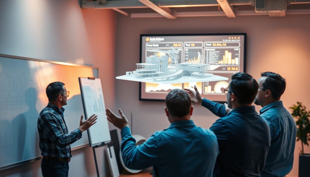 A dynamic scene of civil engineers collaborating using agile methodologies. In the foreground, a team of engineers gathered around a digital whiteboard, gesturing animatedly as they discuss project milestones and iterate on design concepts. The middle ground features a detailed 3D model of an infrastructure project suspended in midair, casting intricate shadows across the workspace. In the background, a wall-mounted display shows real-time project data and KPIs, illuminated by warm, focused lighting that creates a sense of intensity and productivity. The overall atmosphere conveys a seamless blend of cutting-edge technology, fluid teamwork, and a relentless drive to innovate within the civil engineering domain.