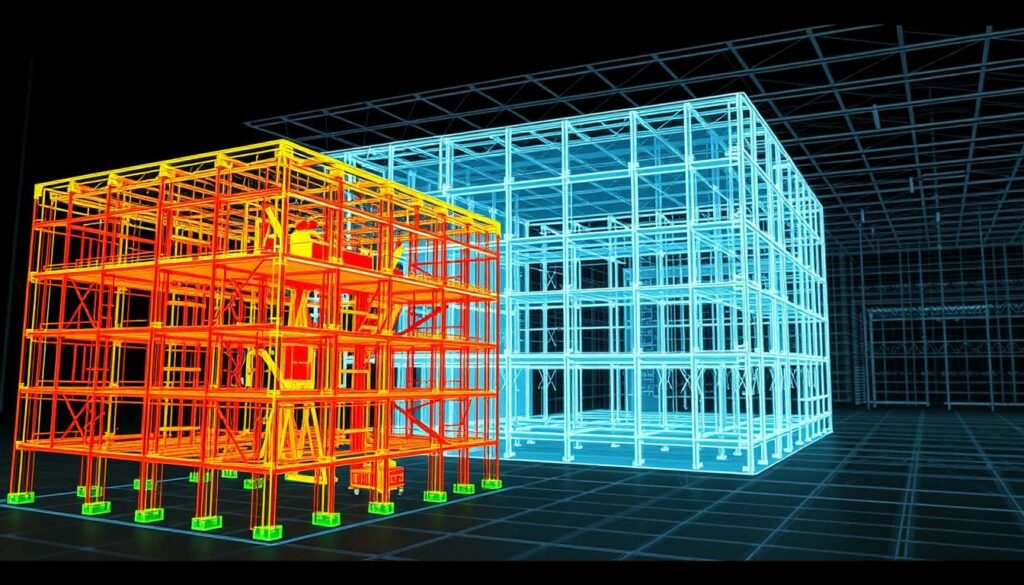 A dynamic structural analysis of a STAAD Pro model, rendered in a realistic, technical style. The foreground shows the 3D wireframe model, its elements highlighted in vibrant colors to denote forces, stresses, and deformations. The middle ground depicts a transparent overlay of the building's geometry, with critical load points and support structures clearly visible. In the background, a grid-like pattern of intersecting lines suggests a computational environment, with subtle data visualizations hinting at the complex calculations powering the analysis. Indirect lighting casts dramatic shadows, emphasizing the depth and dimensionality of the scene. The overall atmosphere conveys a sense of scientific rigor and engineering precision.