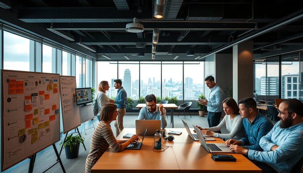 A dynamic team collaborating in an open, modern office space. The foreground features agile project management practices in action - a Kanban board, scrum standups, and lively discussions. The middle ground shows developers working intently on laptops, while the background showcases panoramic city views through floor-to-ceiling windows. Warm, diffused lighting creates a productive, adaptable atmosphere. The scene conveys a sense of flexibility, responsiveness, and smooth project flow. An ideal illustration of the "Adapting to Change" project management philosophy.