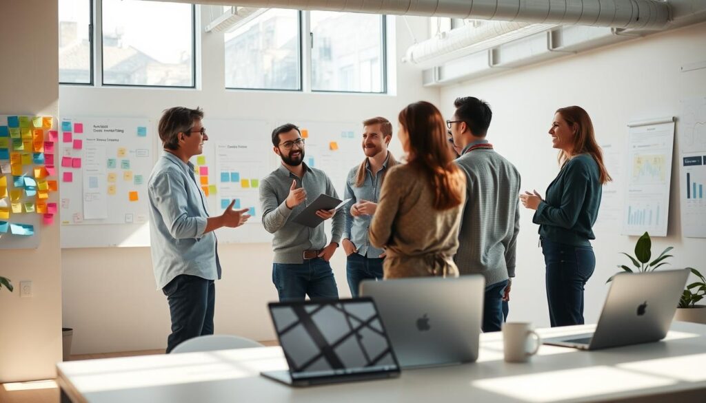 A dynamic team collaborating in an open-plan office, illuminated by natural light streaming through large windows. Colorful sticky notes and whiteboards adorn the walls, reflecting the agile mindset of rapid iteration and continuous improvement. In the foreground, a project manager facilitates a stand-up meeting, gesturing with enthusiasm as the team actively engages, their faces expressing focus and camaraderie. The middle ground showcases Kanban boards and digital dashboards, visualizing the project's progress. In the background, a sleek, minimalist desk setup with laptops and coffee mugs, creating an atmosphere of productive efficiency. The overall scene conveys the essence of agile project management: adaptability, collaboration, and a relentless drive to deliver value.