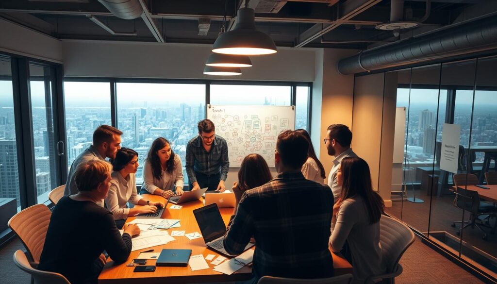 A dynamic team gathered around a conference table, engaged in lively discussion. Warm overhead lighting casts a soft glow, illuminating focused expressions and collaborative gestures. In the foreground, team members lean in, papers and laptops scattered between them, as they brainstorm ideas. The middle ground features a whiteboard filled with vibrant diagrams and flowcharts, a visual representation of their creative process. In the background, large windows offer a panoramic view of a bustling cityscape, hinting at the broader context and shared sense of purpose. The atmosphere is one of productive energy, with team members actively participating, exchanging insights, and working towards a common goal.
