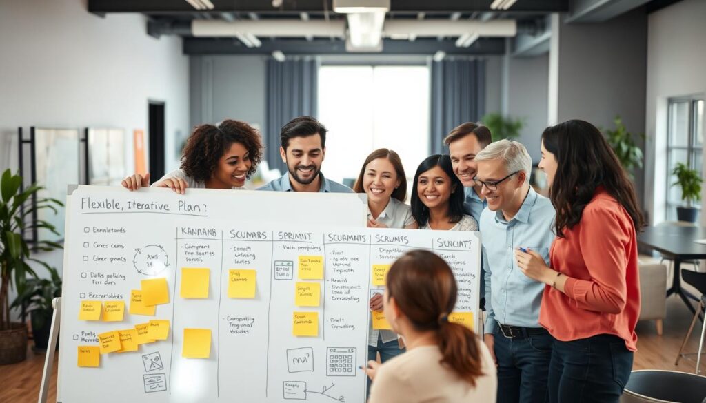 A dynamic team of professionals working together on a flexible, iterative project plan. In the foreground, a group of diverse individuals gathered around a digital whiteboard, brainstorming ideas and sketching out tasks. In the middle ground, Kanban boards, Scrum sprints, and other Agile methodologies are visualized, with sticky notes and icons denoting progress. The background is a modern, open-concept office space, filled with natural light and sleek, minimalist furnishings. The overall mood is one of collaboration, creativity, and a sense of forward momentum, capturing the essence of Agile project management techniques.