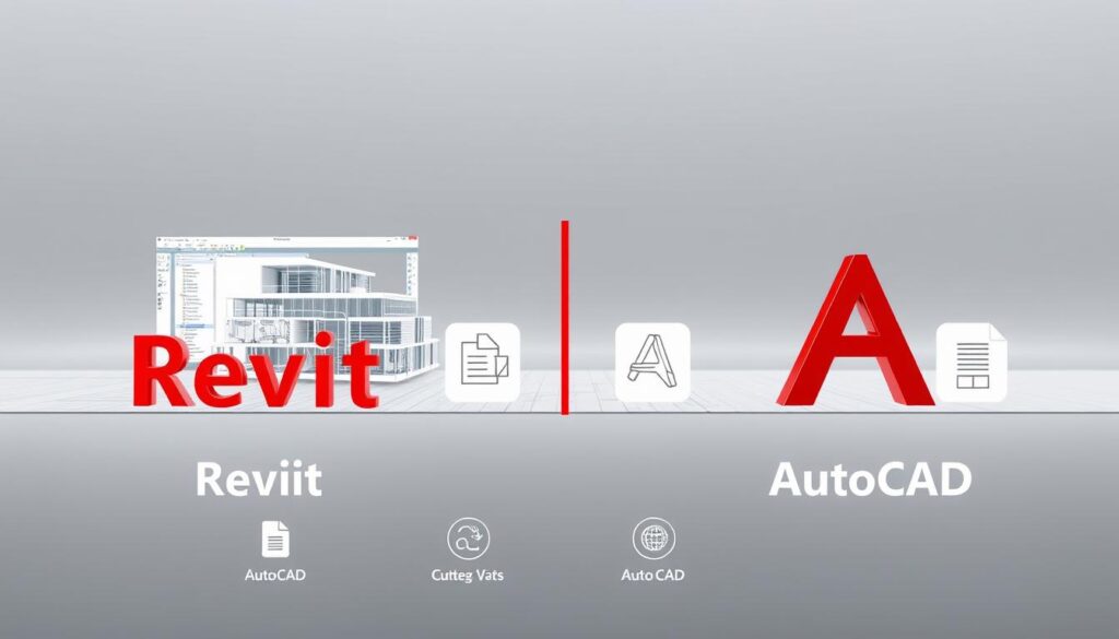 A dynamic visual comparison of the learning curves for Revit and AutoCAD software, presented against a sleek, minimalist backdrop. In the foreground, a glossy 3D model of a building blueprint smoothly transitions between the distinct user interfaces of the two CAD programs, seamlessly highlighting their contrasting workflows and feature sets. The middle ground showcases simplified icons and symbols denoting the core functionality and complexity of each tool, while the background maintains a stark, monochromatic palette to draw the viewer's focus to the central conceptual elements. Crisp, high-resolution rendering with a cinematic, technical aesthetic to match the subject matter.